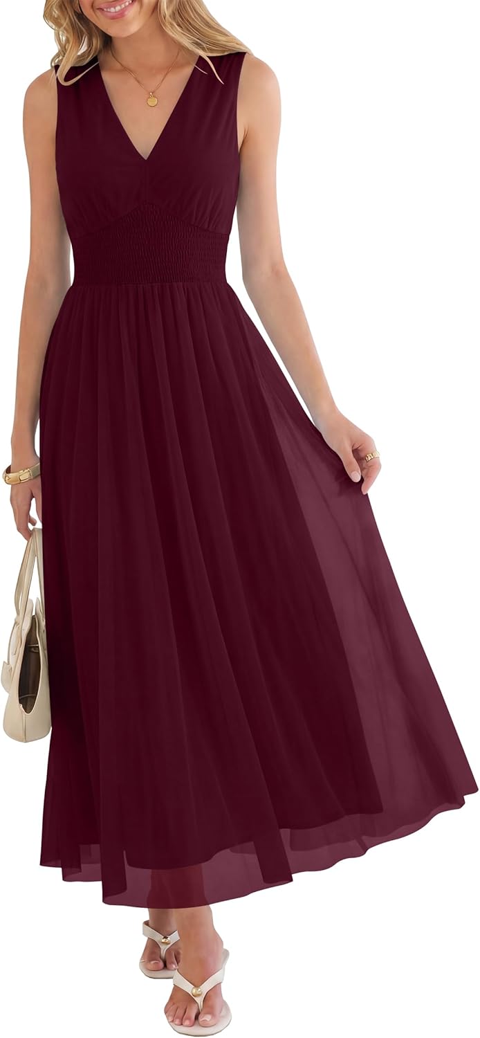 Womens Summer Floral Maxi Dress, A Line Tulle,Elegant for Wedding Guest & Beach Vacation,Flowy Casual Boho Outfits