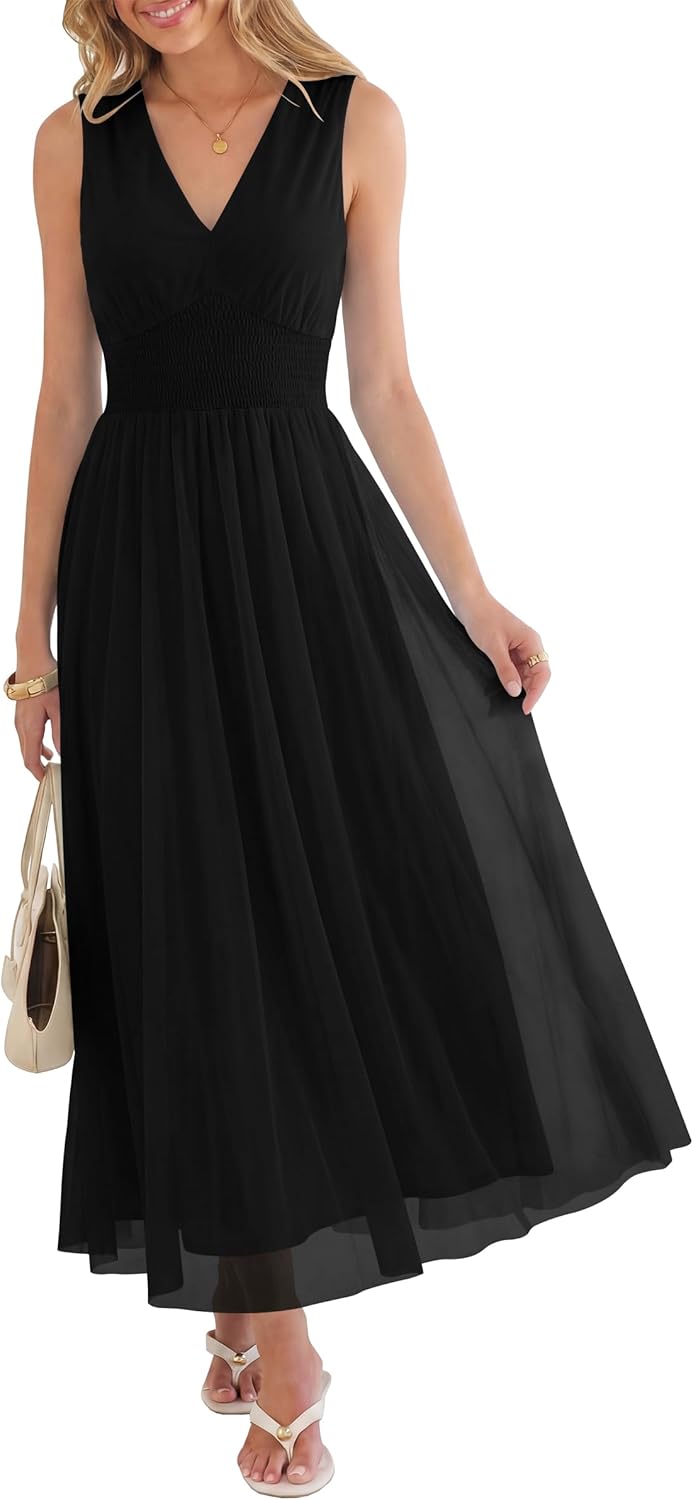 Womens Summer Floral Maxi Dress, A Line Tulle,Elegant for Wedding Guest & Beach Vacation,Flowy Casual Boho Outfits