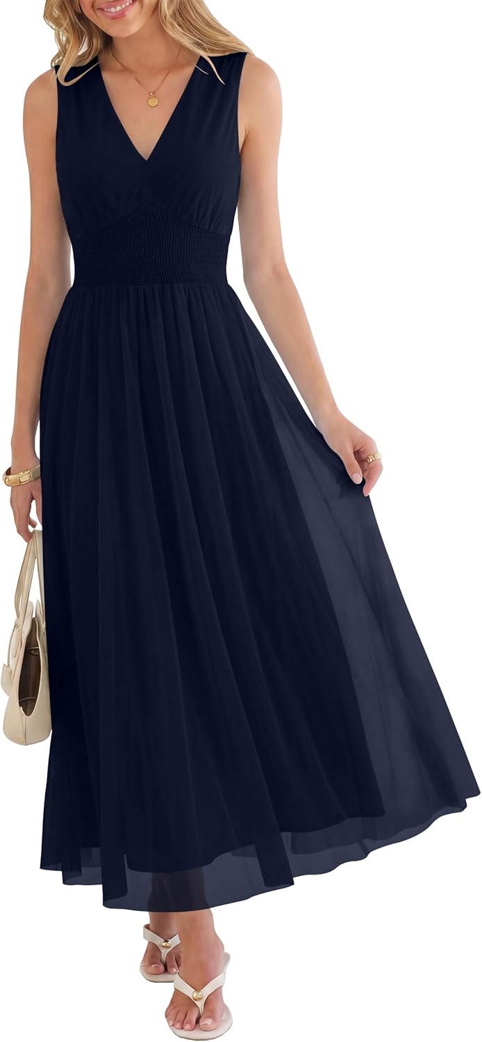 Womens Summer Floral Maxi Dress, A Line Tulle,Elegant for Wedding Guest & Beach Vacation,Flowy Casual Boho Outfits