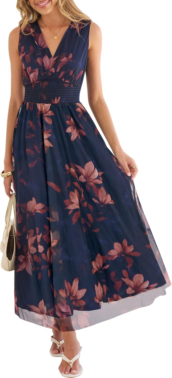 Womens Summer Floral Maxi Dress, A Line Tulle,Elegant for Wedding Guest & Beach Vacation,Flowy Casual Boho Outfits