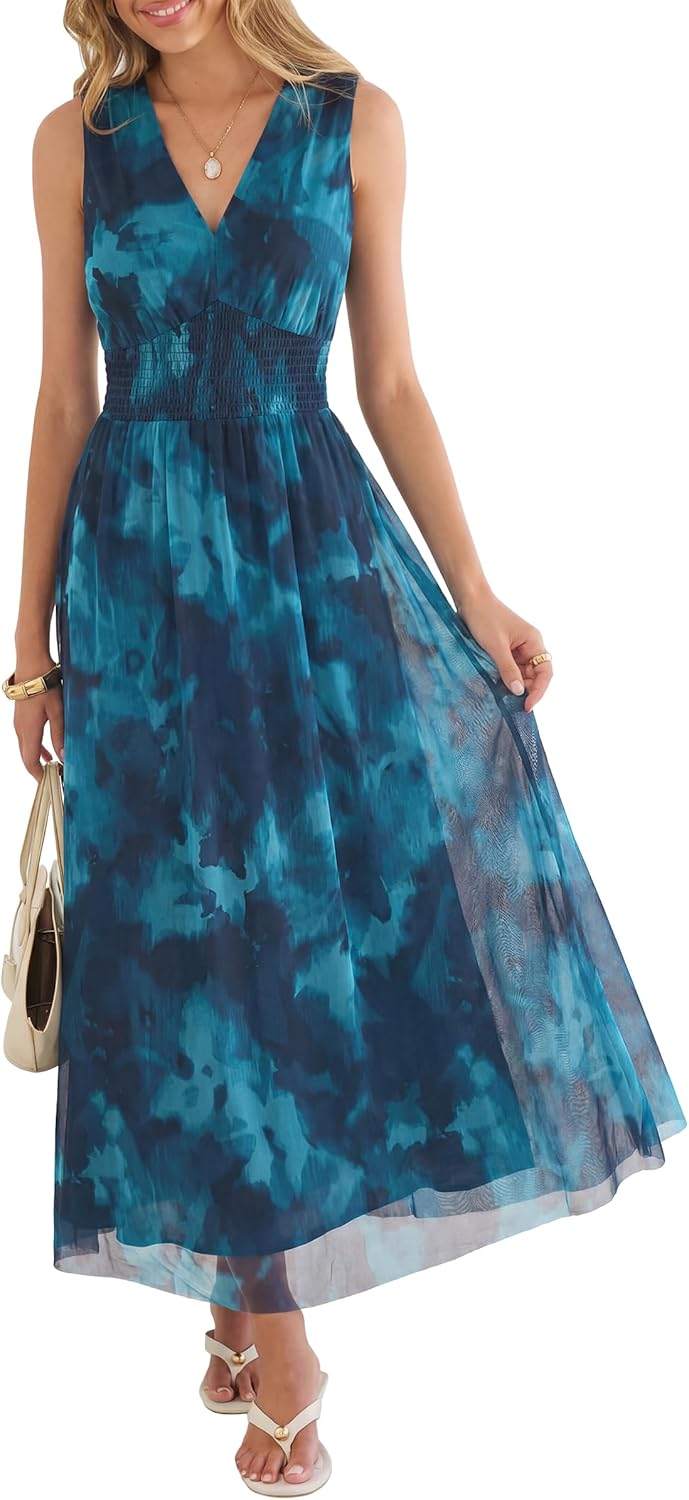 Womens Summer Floral Maxi Dress, A Line Tulle,Elegant for Wedding Guest & Beach Vacation,Flowy Casual Boho Outfits