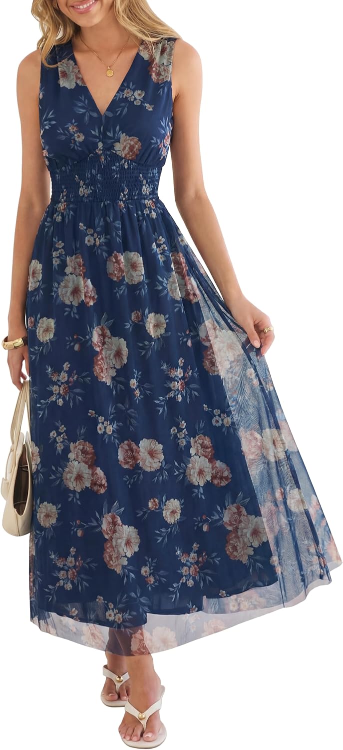 Womens Summer Floral Maxi Dress, A Line Tulle,Elegant for Wedding Guest & Beach Vacation,Flowy Casual Boho Outfits