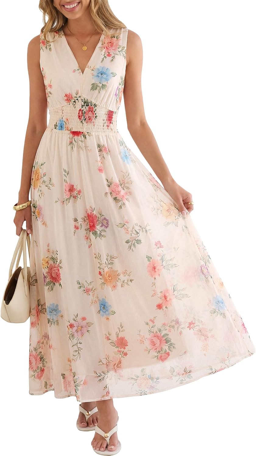 Womens Summer Floral Maxi Dress, A Line Tulle,Elegant for Wedding Guest & Beach Vacation,Flowy Casual Boho Outfits