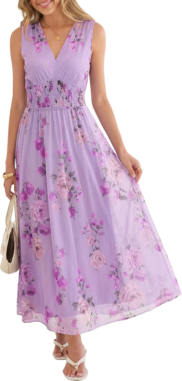 Womens Summer Floral Maxi Dress, A Line Tulle,Elegant for Wedding Guest & Beach Vacation,Flowy Casual Boho Outfits