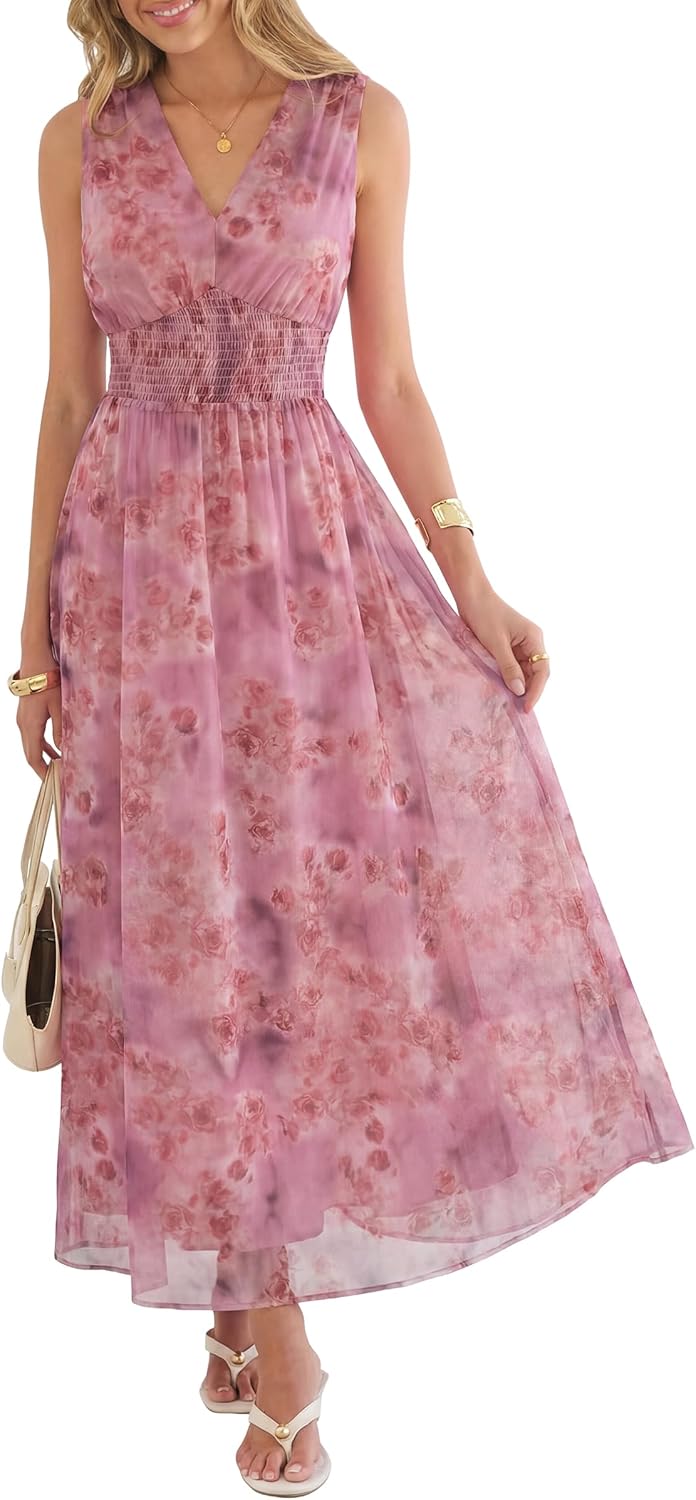 Womens Summer Floral Maxi Dress, A Line Tulle,Elegant for Wedding Guest & Beach Vacation,Flowy Casual Boho Outfits