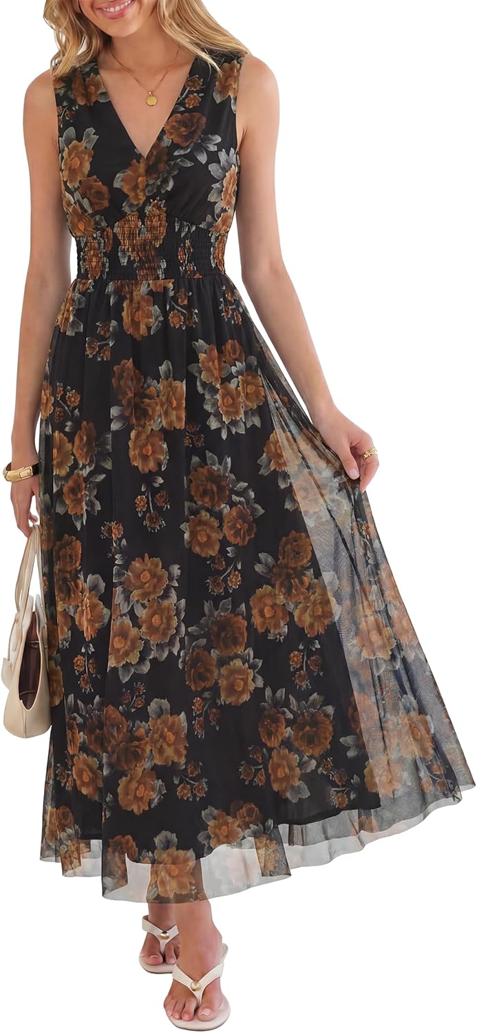 Womens Summer Floral Maxi Dress, A Line Tulle,Elegant for Wedding Guest & Beach Vacation,Flowy Casual Boho Outfits
