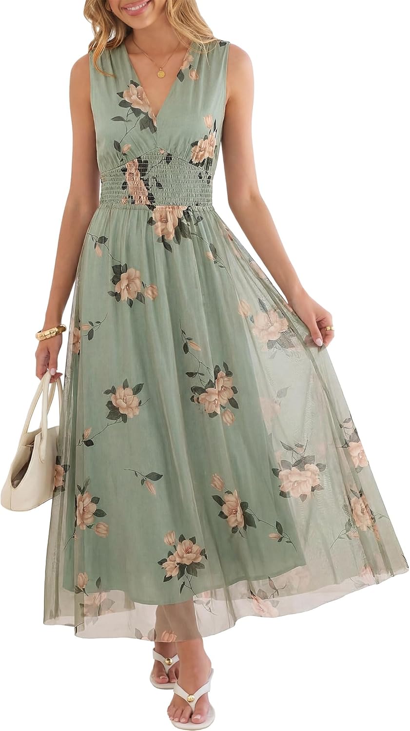 Womens Summer Floral Maxi Dress, A Line Tulle,Elegant for Wedding Guest & Beach Vacation,Flowy Casual Boho Outfits