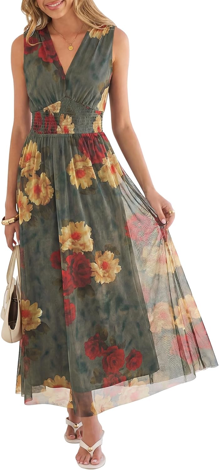 Womens Summer Floral Maxi Dress, A Line Tulle,Elegant for Wedding Guest & Beach Vacation,Flowy Casual Boho Outfits