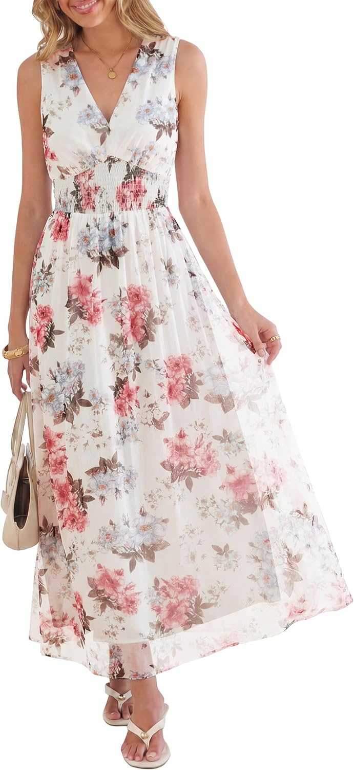 Womens Summer Floral Maxi Dress, A Line Tulle,Elegant for Wedding Guest & Beach Vacation,Flowy Casual Boho Outfits