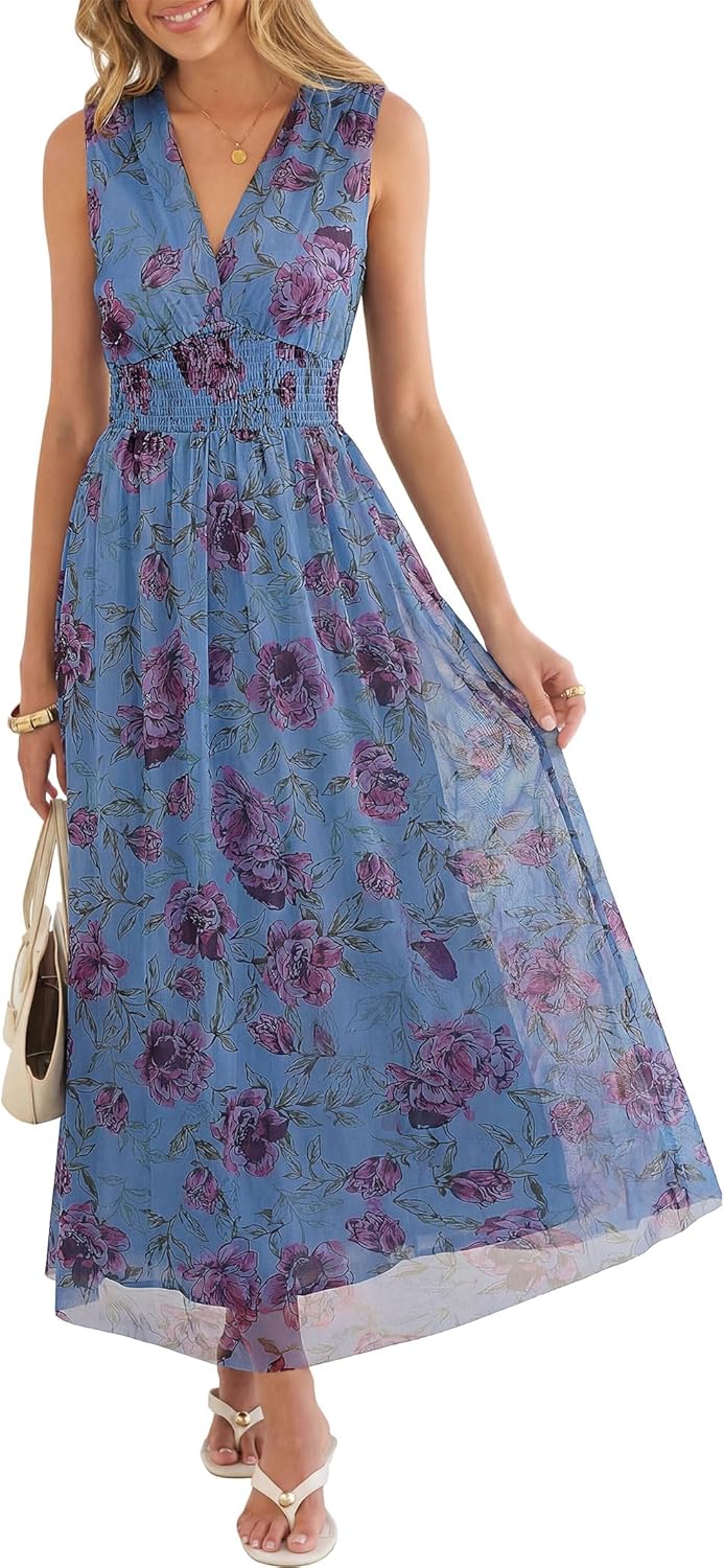 Womens Summer Floral Maxi Dress, A Line Tulle,Elegant for Wedding Guest & Beach Vacation,Flowy Casual Boho Outfits